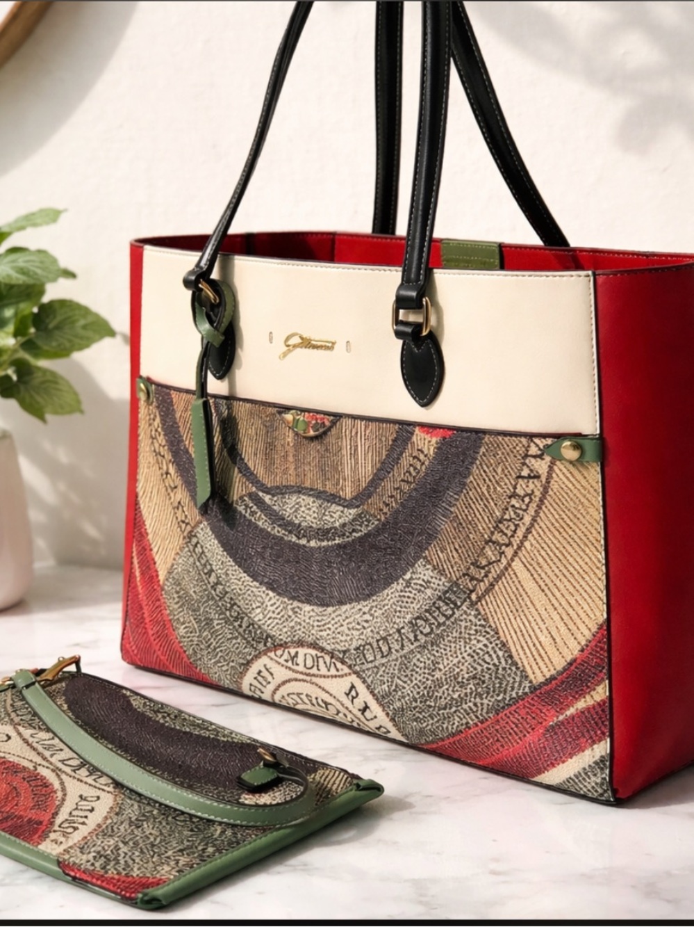 Multicolor Graphic Gattinoni Tote with Pouch Set.